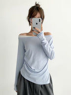 KR 必備斜肩側皺褶坑紋上衣 (4 colours)