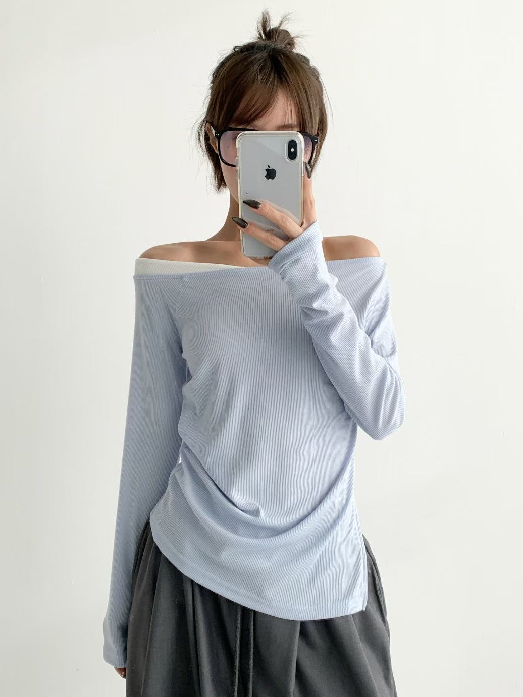 KR 必備斜肩側皺褶坑紋上衣 (4 colours)