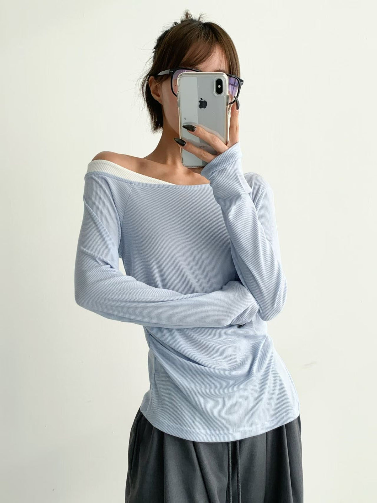 KR 必備斜肩側皺褶坑紋上衣 (4 colours)